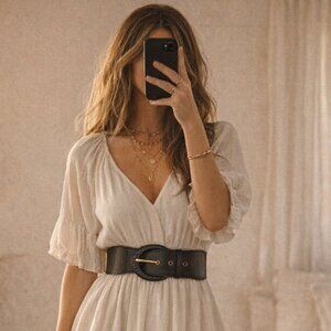 Black Stretch Waist Belt Wide S/M Elastic Leather Adjustable Dress Cincher Boho